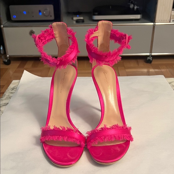 Gianvito Rossi Vibrant Pink Silk Heels with Fluffy Edges, Size 41.5 - Picture 1 of 17